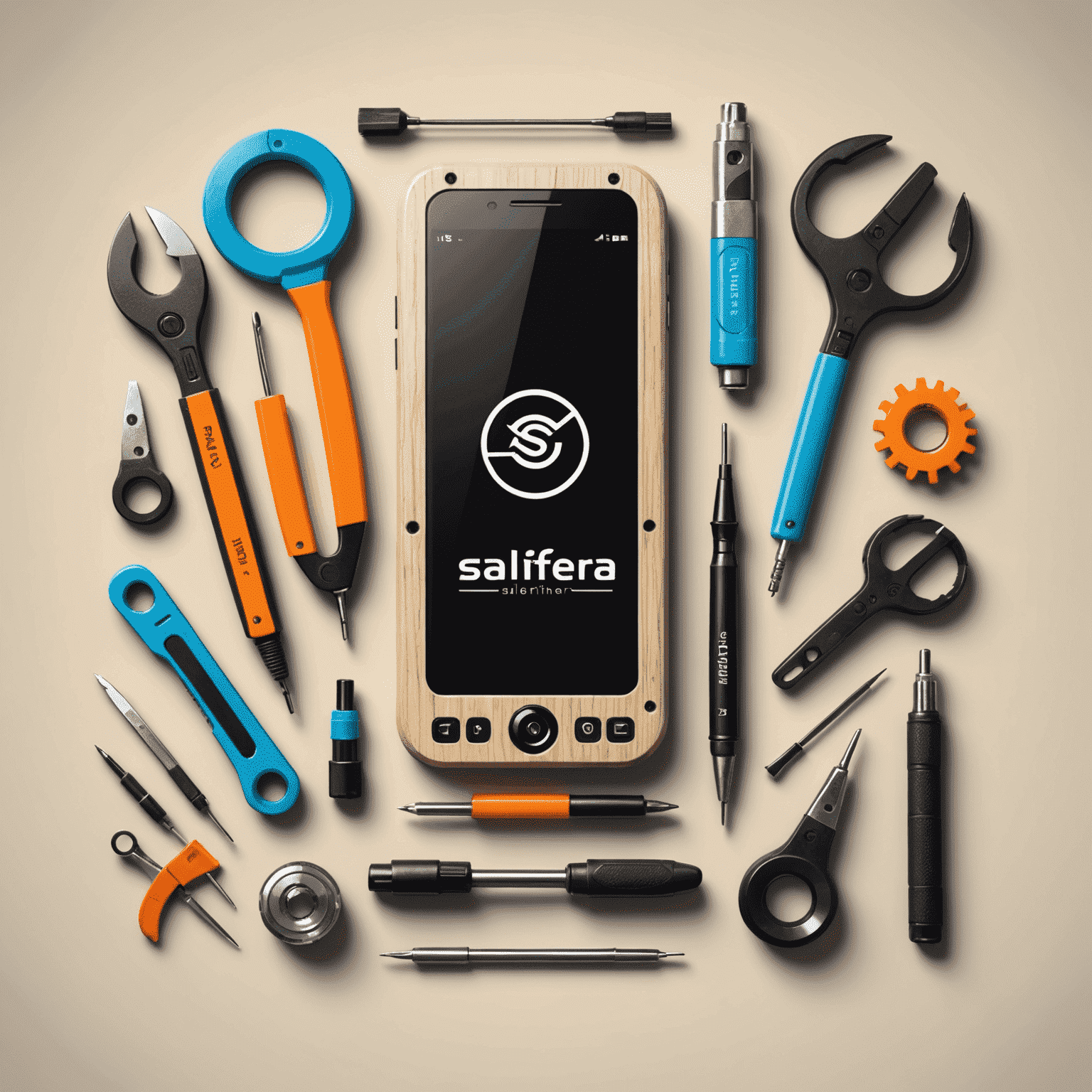 Salifnera logo - A stylized mobile phone with repair tools