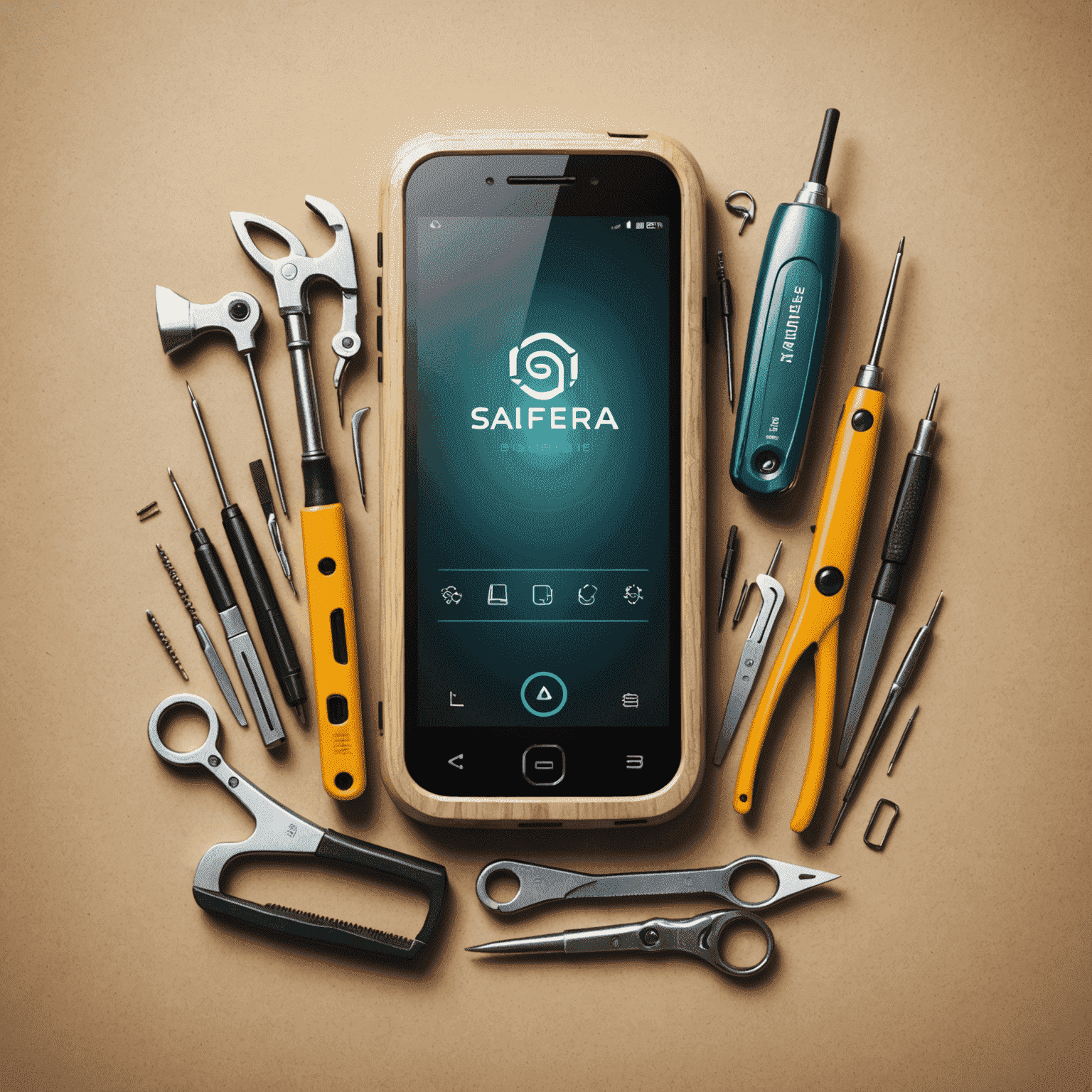 Salifnera logo - A stylized mobile phone with repair tools