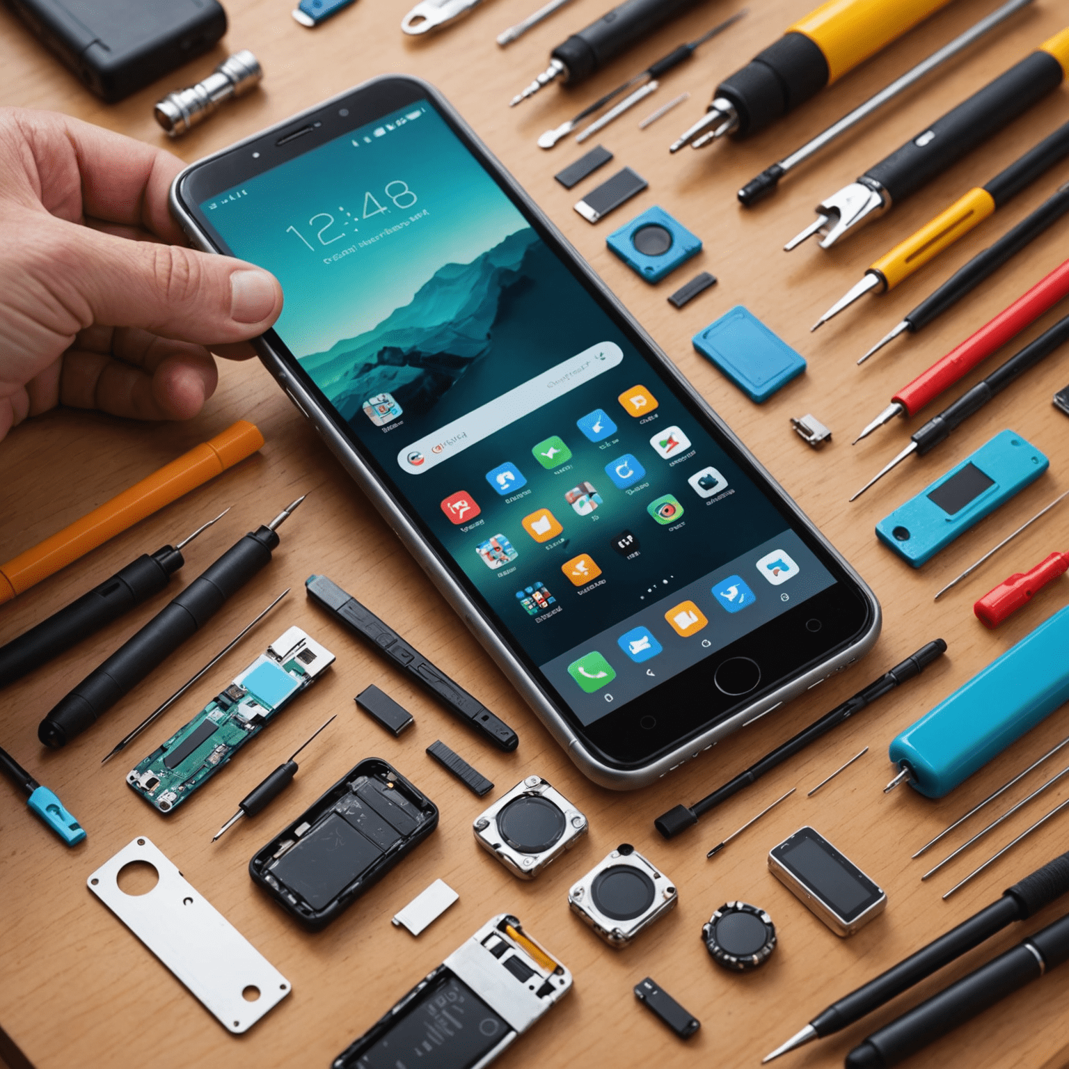 Various smartphone repair tools and techniques, including waterproofing methods and flexible display repair equipment