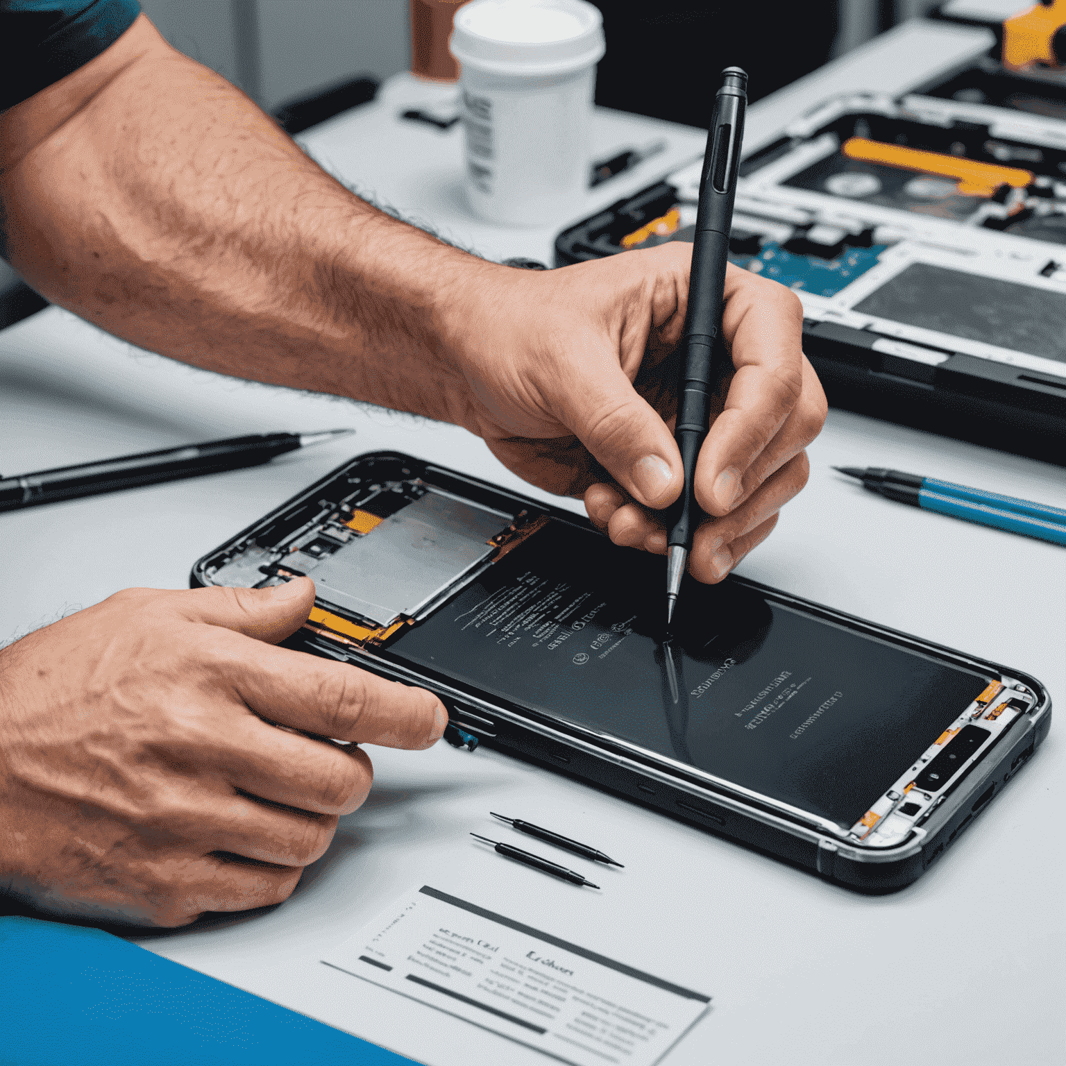 A technician using advanced tools to repair a latest model smartphone, showcasing waterproofing and flexible display repair techniques