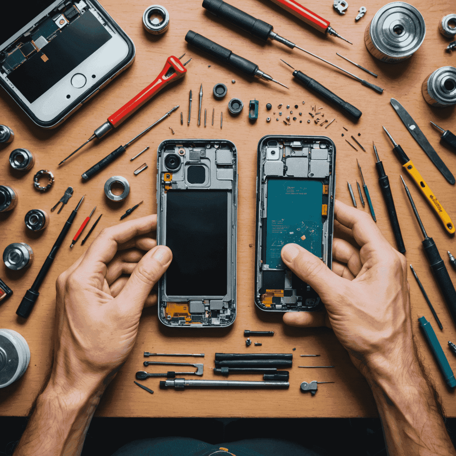 A person carefully repairing a smartphone, with tools and components spread out on a workbench. The image conveys both the complexity and potential satisfaction of DIY phone repair.