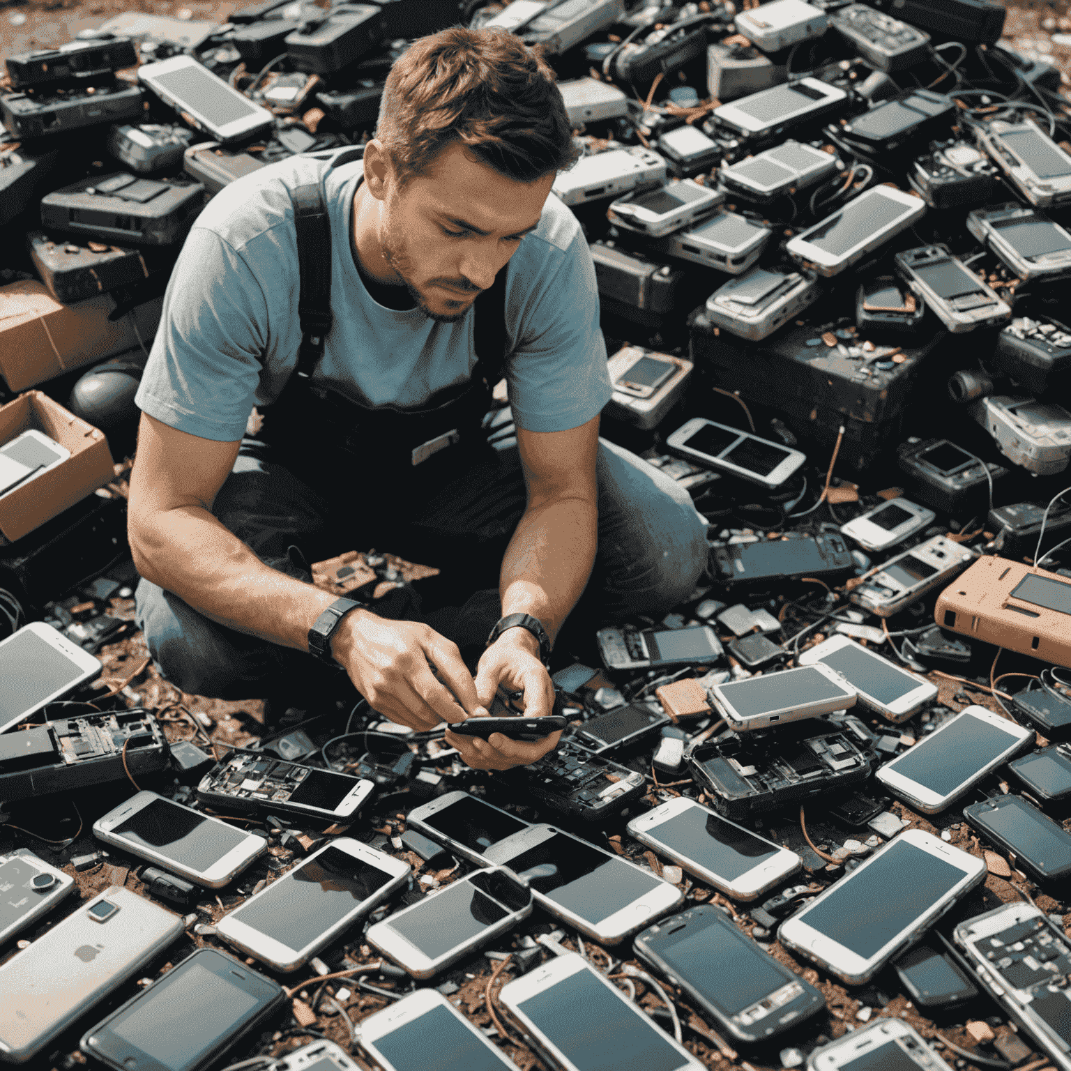 A split image showing a pile of discarded phones on one side and a technician repairing a phone on the other, symbolizing the choice between waste and repair