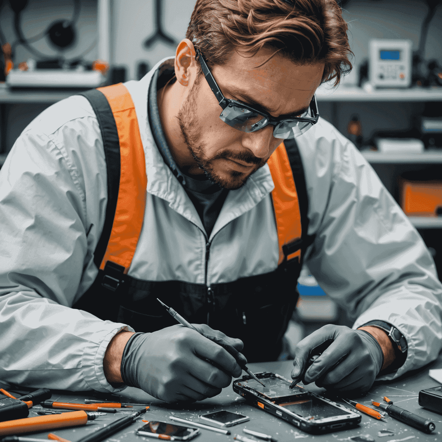 A technician carefully repairing a mobile phone screen, using precision tools and wearing protective gear. The image showcases various phone models with cracked screens in the background.