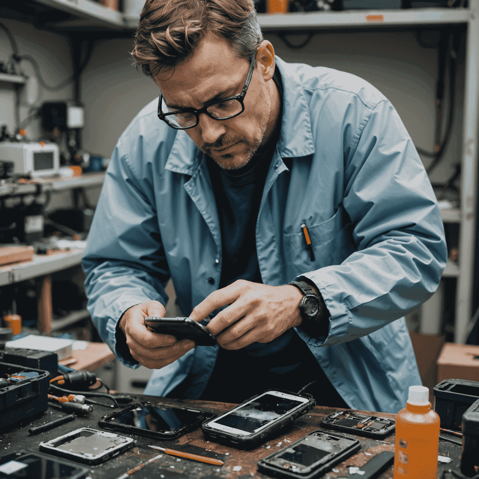 A technician carefully examining a water-damaged smartphone, using specialized tools and equipment to diagnose the extent of the damage