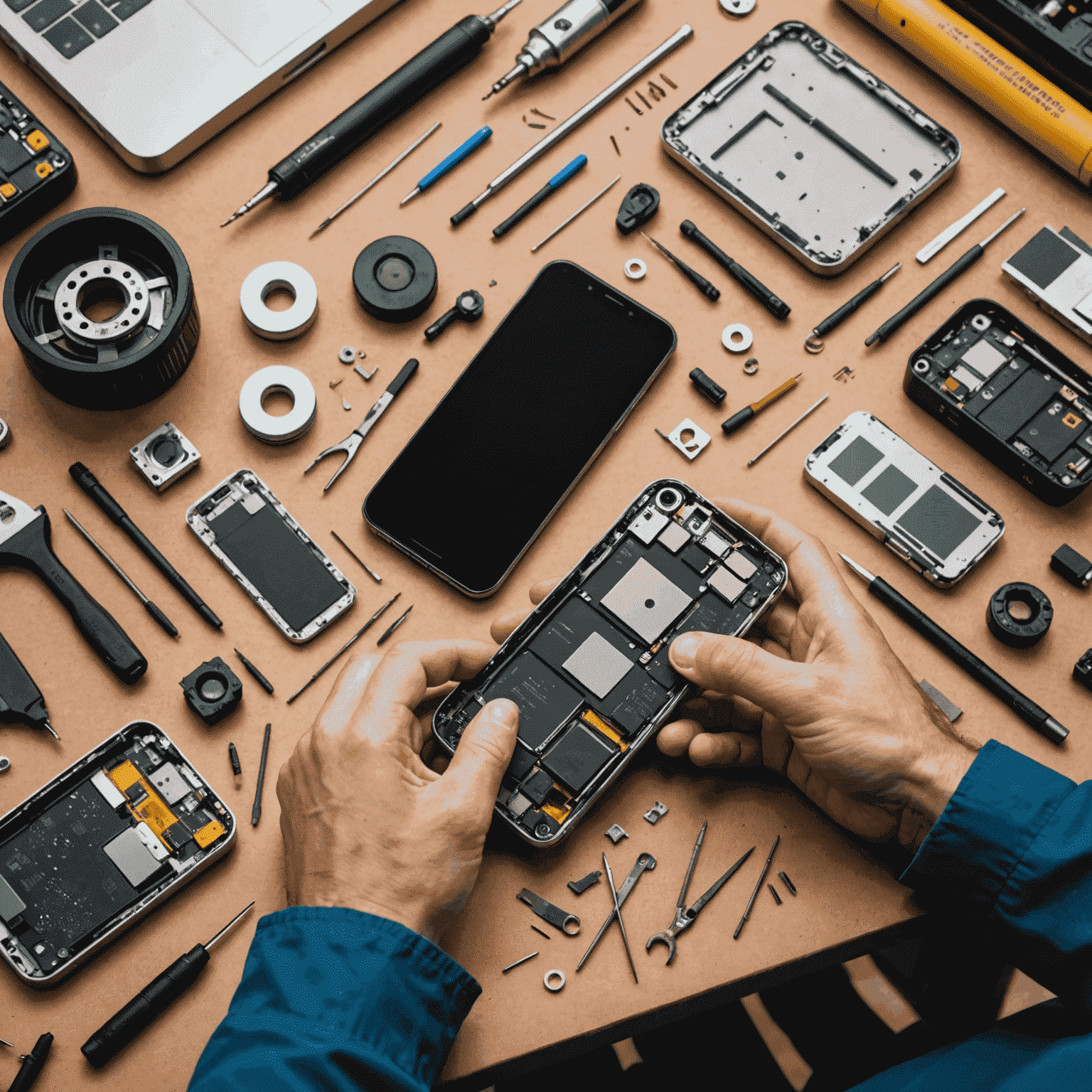 A person attempting to repair a smartphone at home, with tools and components spread out on a workbench