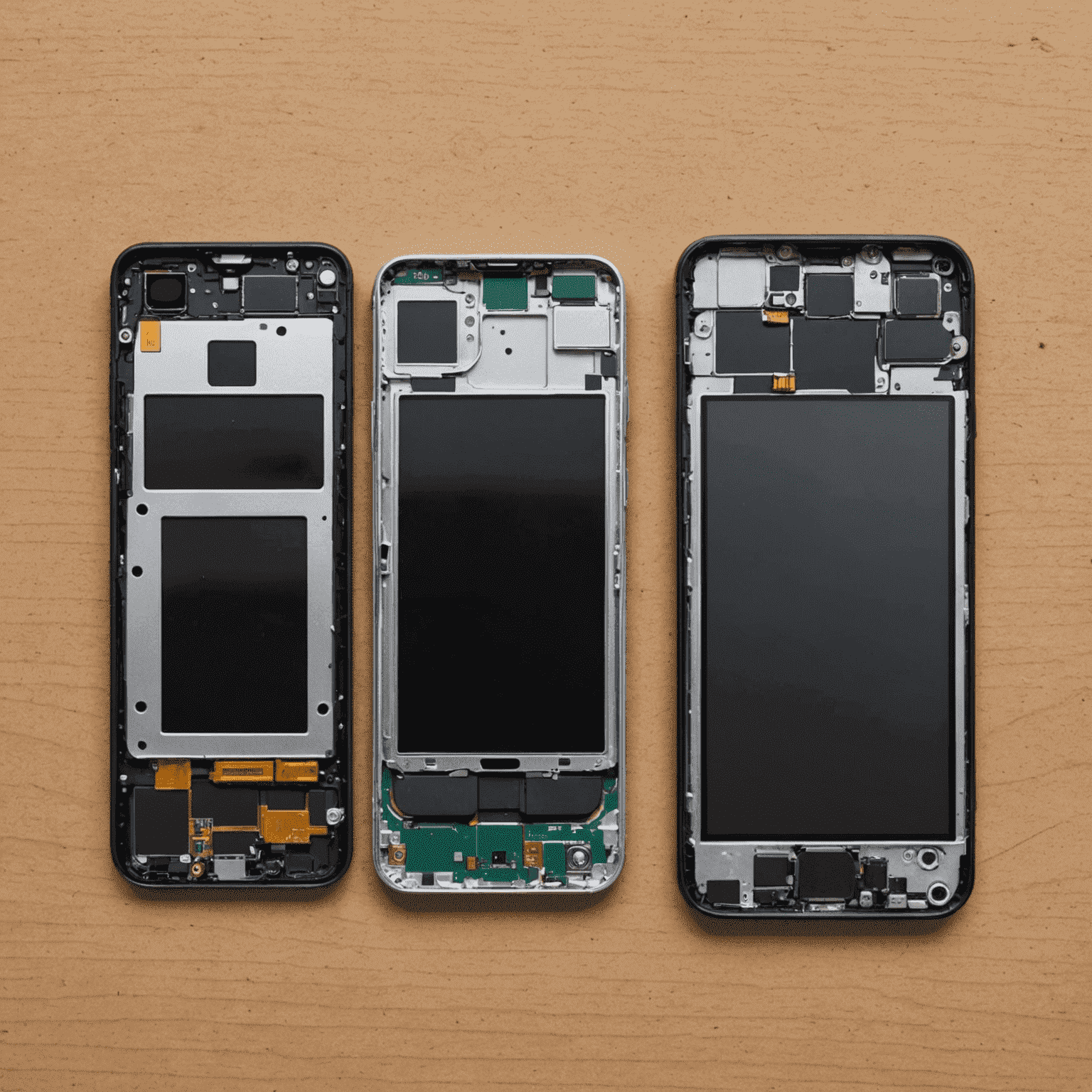 A side-by-side comparison of a successful DIY phone repair (left) showing a pristine reassembled phone, and a failed attempt (right) with damaged components and a cracked screen.