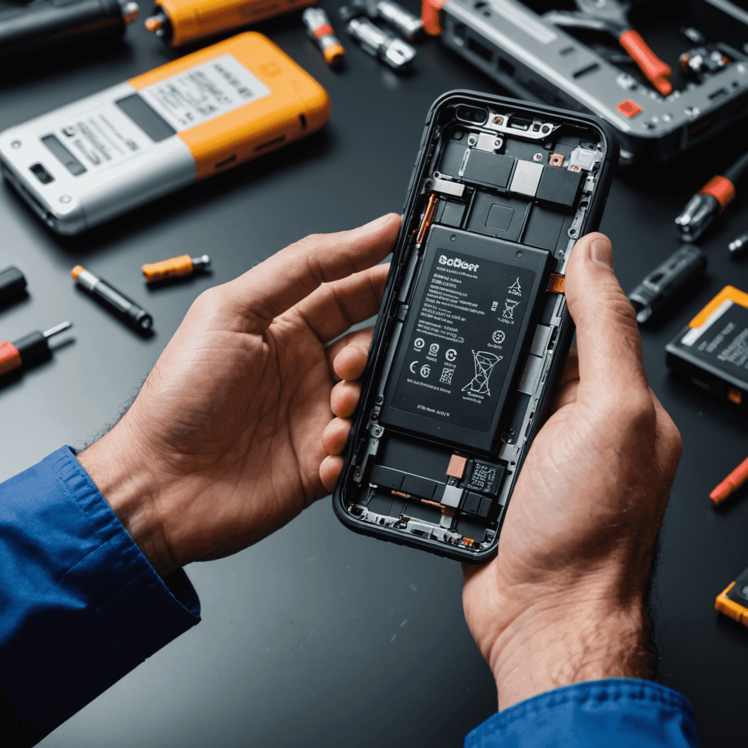 A mobile phone with its back cover removed, revealing a new battery being installed by a technician wearing gloves.