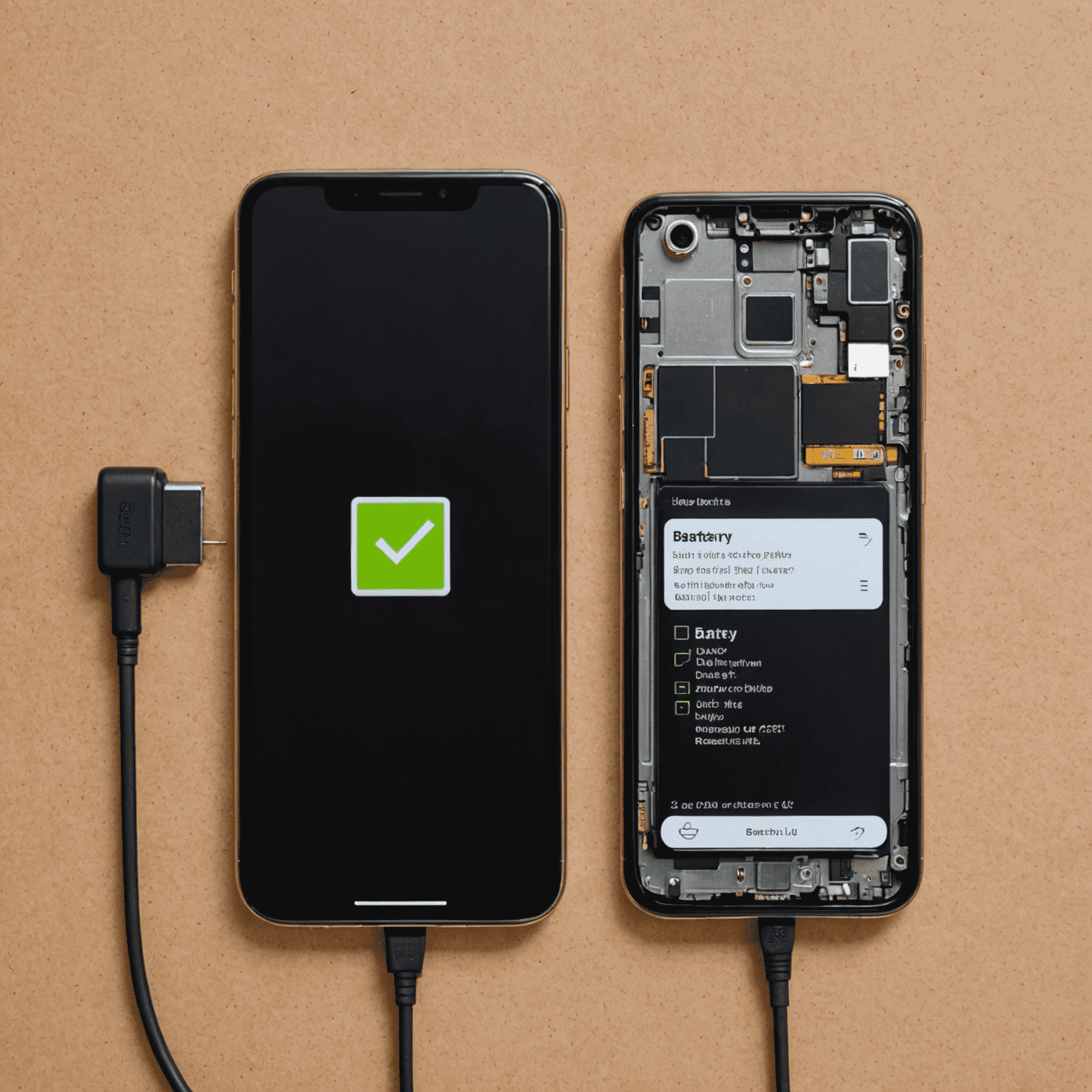 Split image showing a phone with low battery life before replacement and full battery life after replacement, demonstrating the effectiveness of our service