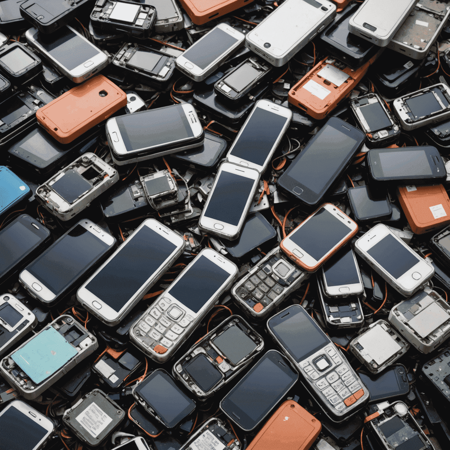 A stack of repaired phones next to a reduced pile of electronic waste, symbolizing the positive environmental impact of phone repair