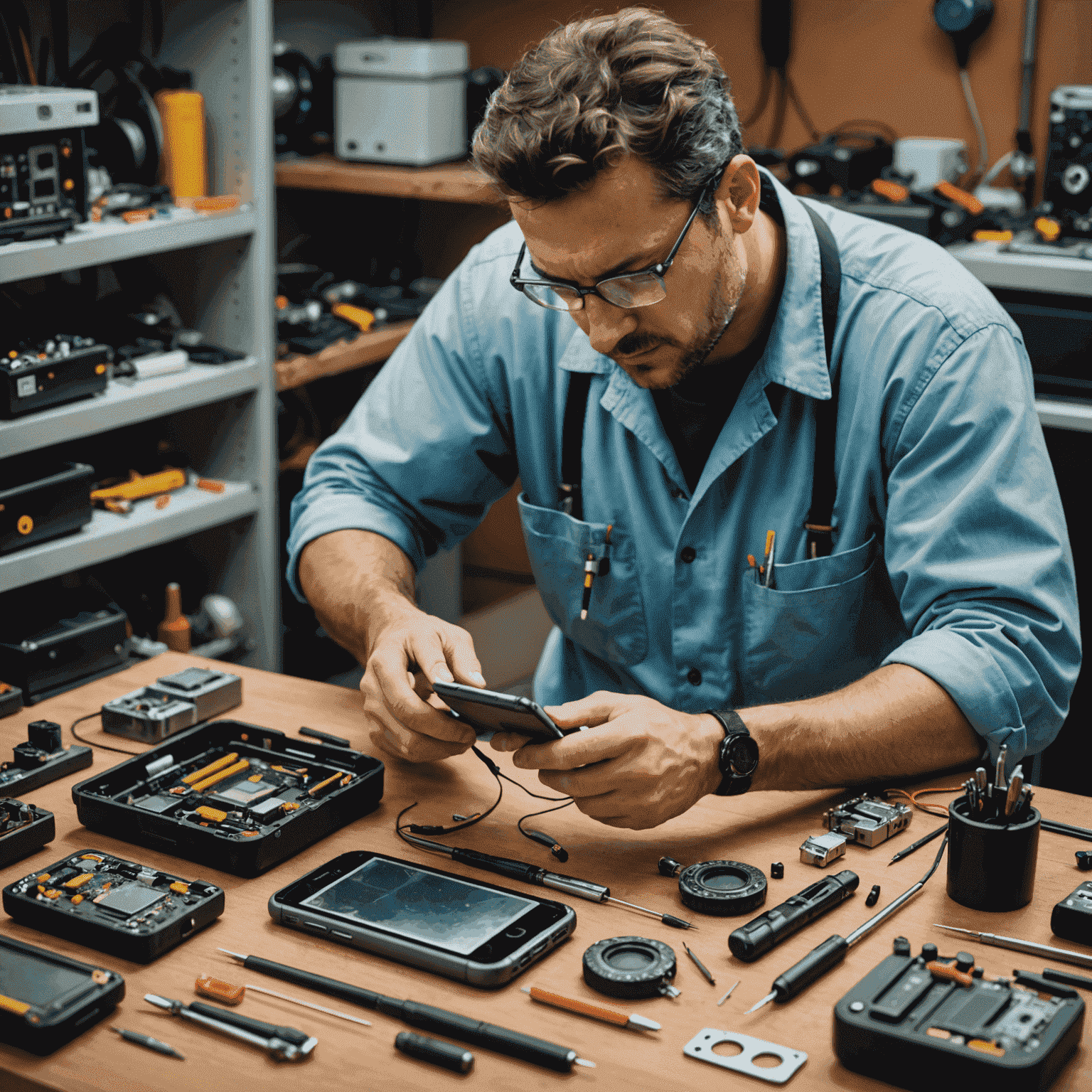 A technician at salifnera.com carefully repairing a smartphone, surrounded by specialized tools and equipment