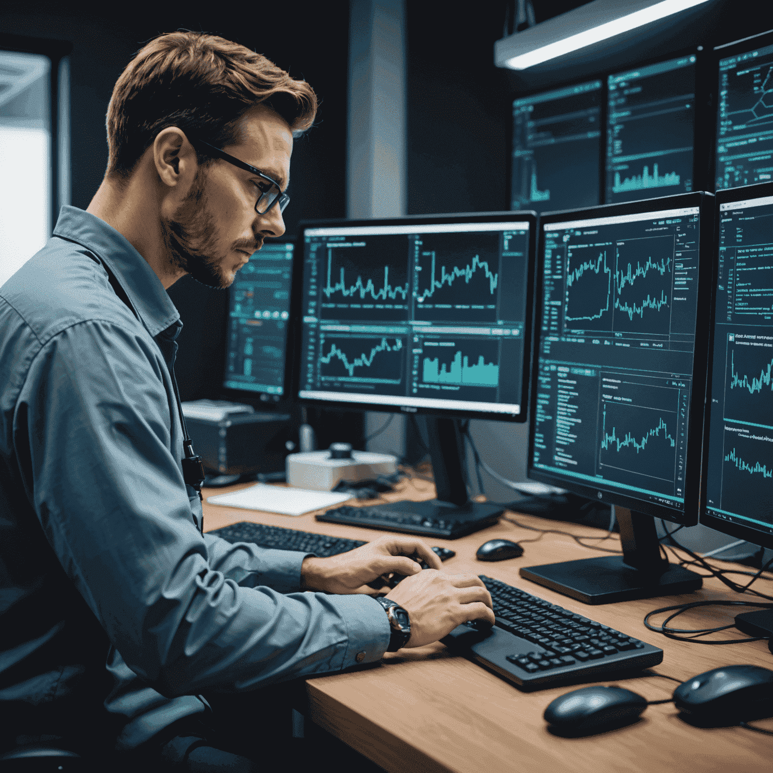 A technician working on a computer connected to a smartphone, running diagnostic software and analyzing code on multiple screens.