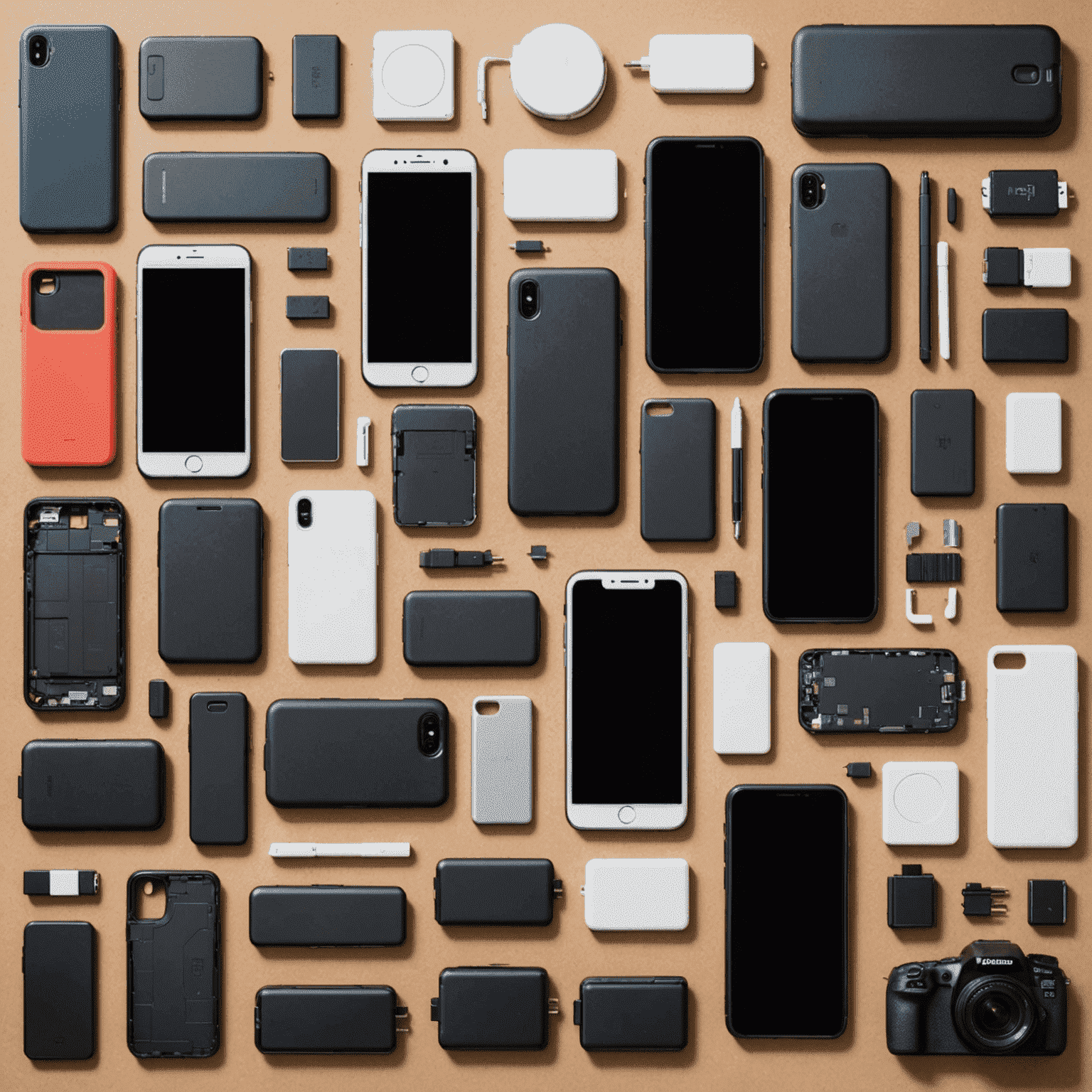 A display of various mobile phone accessories including cases, screen protectors, chargers, and internal components like batteries and camera modules.